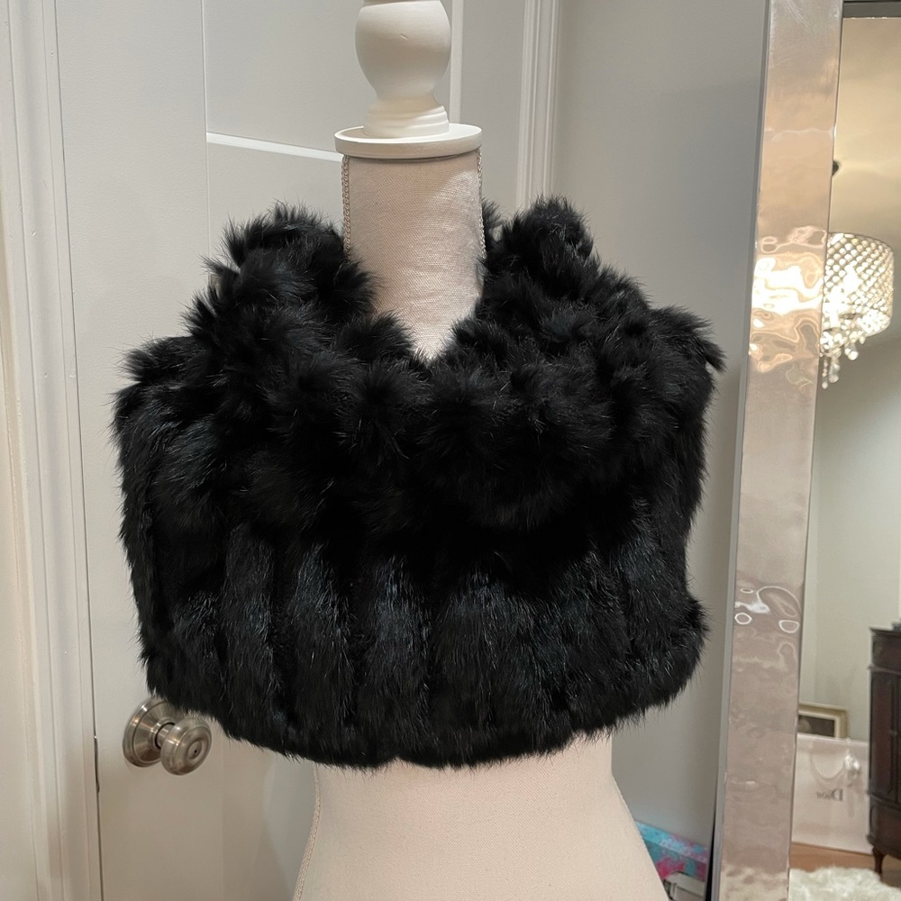 Rabbit fur cowl neck short poncho. One Size